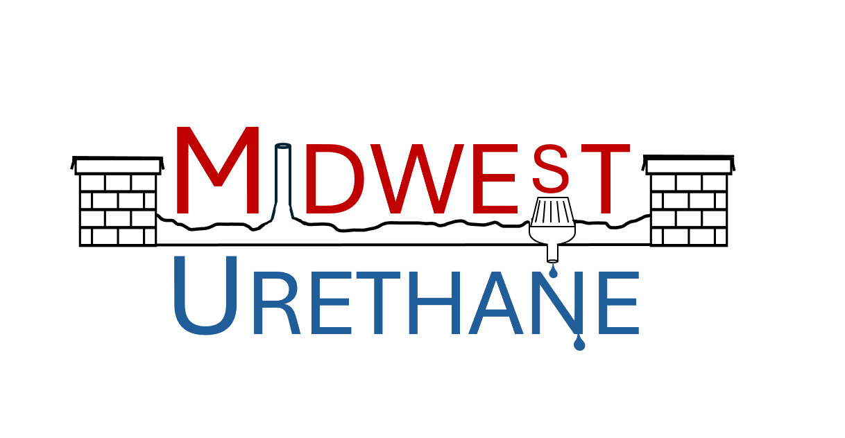Midwest Urethane Insulation, LLC Logo. Graphic image of a flat roof with parapet brick walls, a vent pipe and a drain. The roof is covered in a bumpy line, demonstrating the foam insulation covering the roof.
